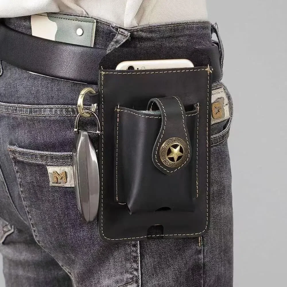 Genuine Leather Phone Belt Holster Case with Clip & Extra Pocket